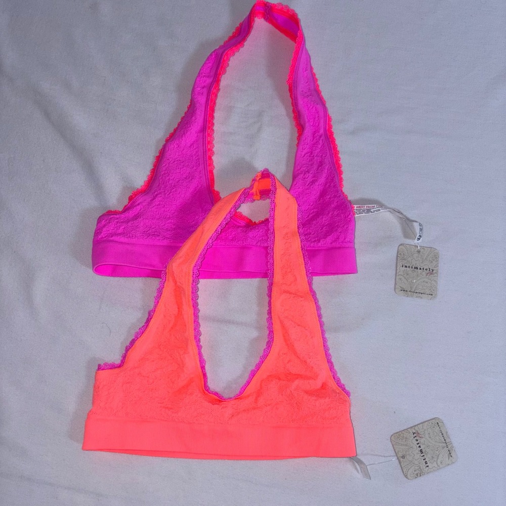 Free People Halter Bralette XS small Neon Pink Coral NEW Lace 2 Pack OB2425516